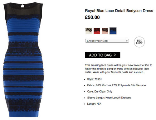 Страничка знаменитого сине-черного платья взорвавшего интернет в онлайн-магазине.